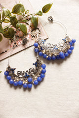 Peacock Motif Oxidised Finish Chandbali Earrings with Blue Beads