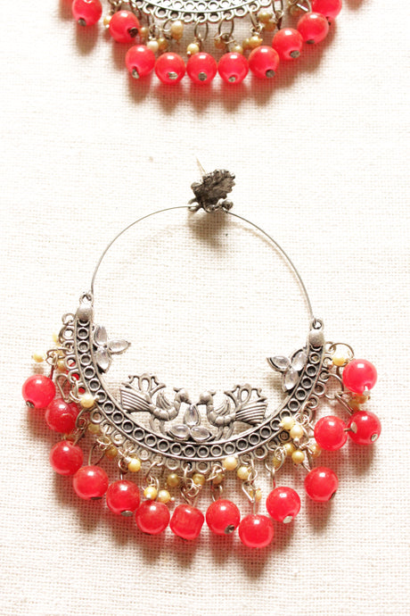 Peacock Motif Oxidised Finish Chandbali Earrings with Red Beads