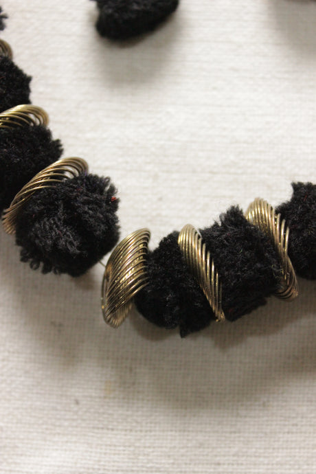 Black Pom Pom Embellished Dull Gold Finish Adjustable Length Choker Necklace Set