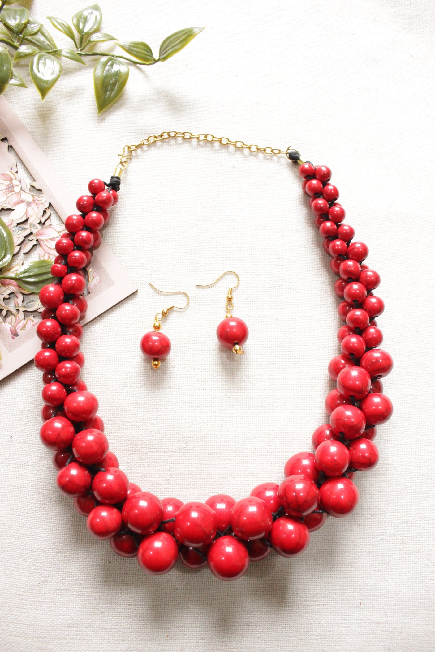 Red Acrylic Beads Tightly Braided in Fabric Thread Chain Closure Necklace