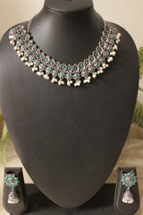 Green Glass Stones Embedded Silver Finish Choker Style Necklace Set with Jhumka Earrings