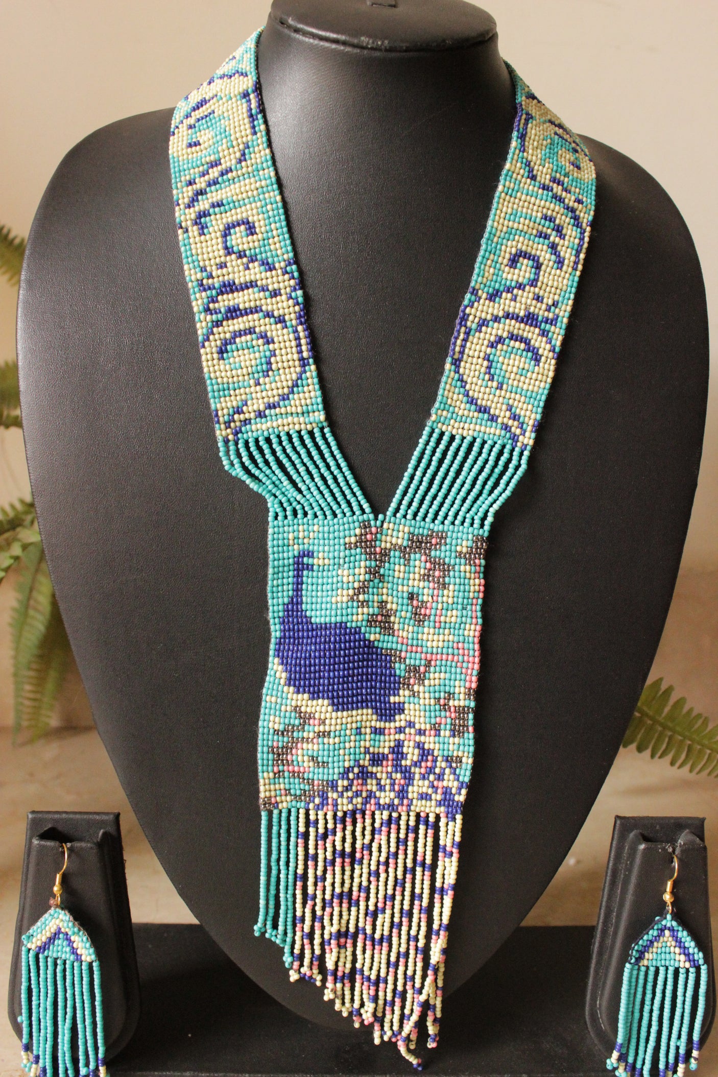 Shades of Blue and Beige Peacock Motif Handmade Beaded Long Necklace Set