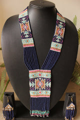 Purple and Muted Blue Geometric Motifs Handmade Beaded Long Necklace Set