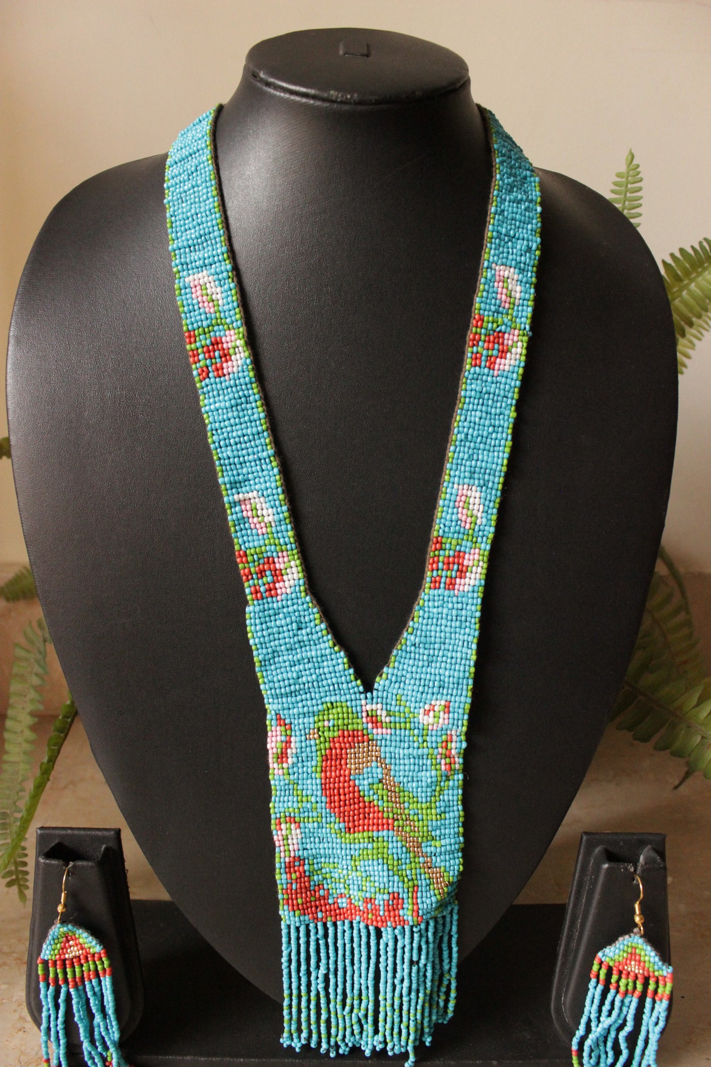 Sky Blue and Red Bird Motif Handmade Beaded Long Necklace Set