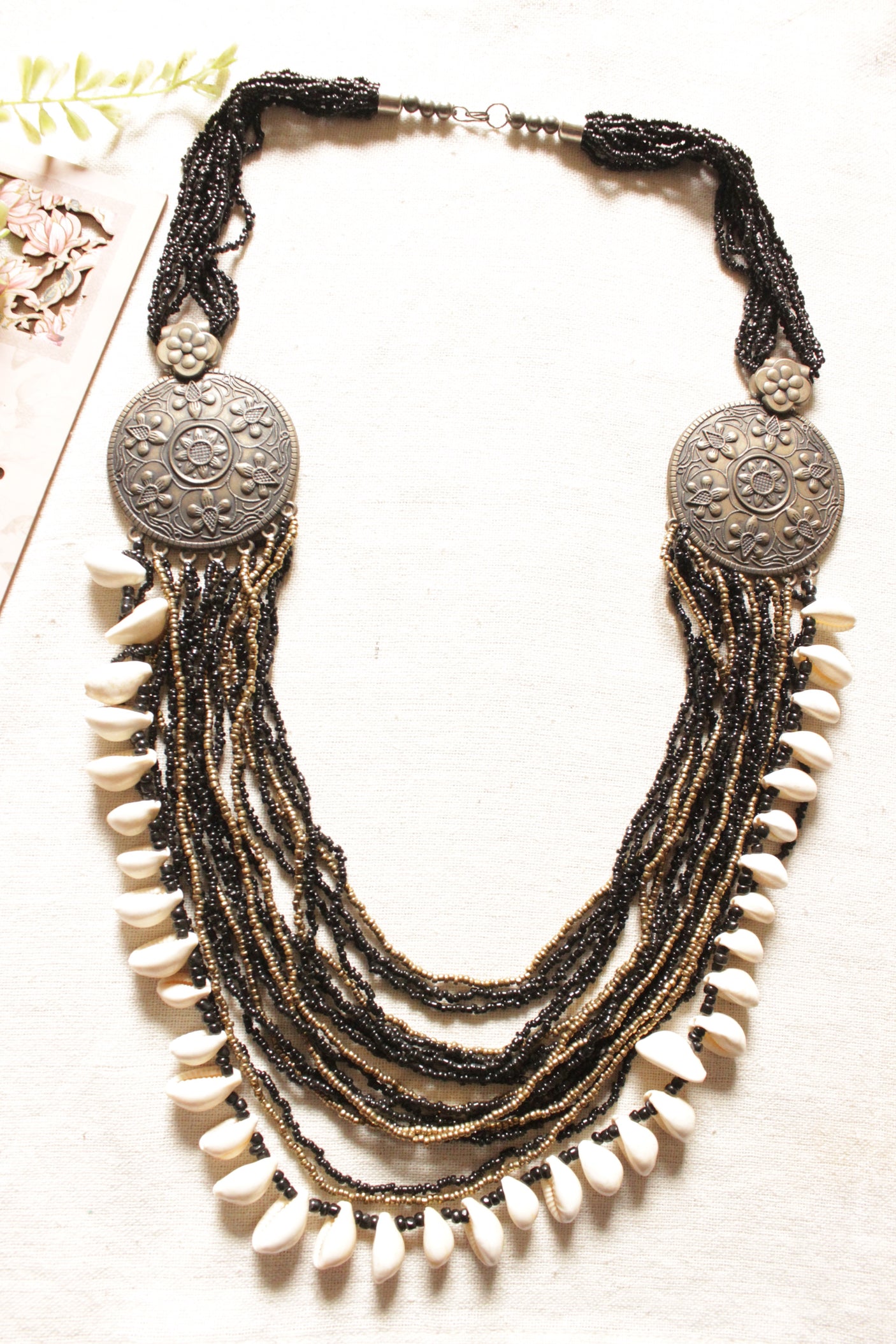 Black and Bronze Beads Multi-Layer Necklace with Shell Detailing