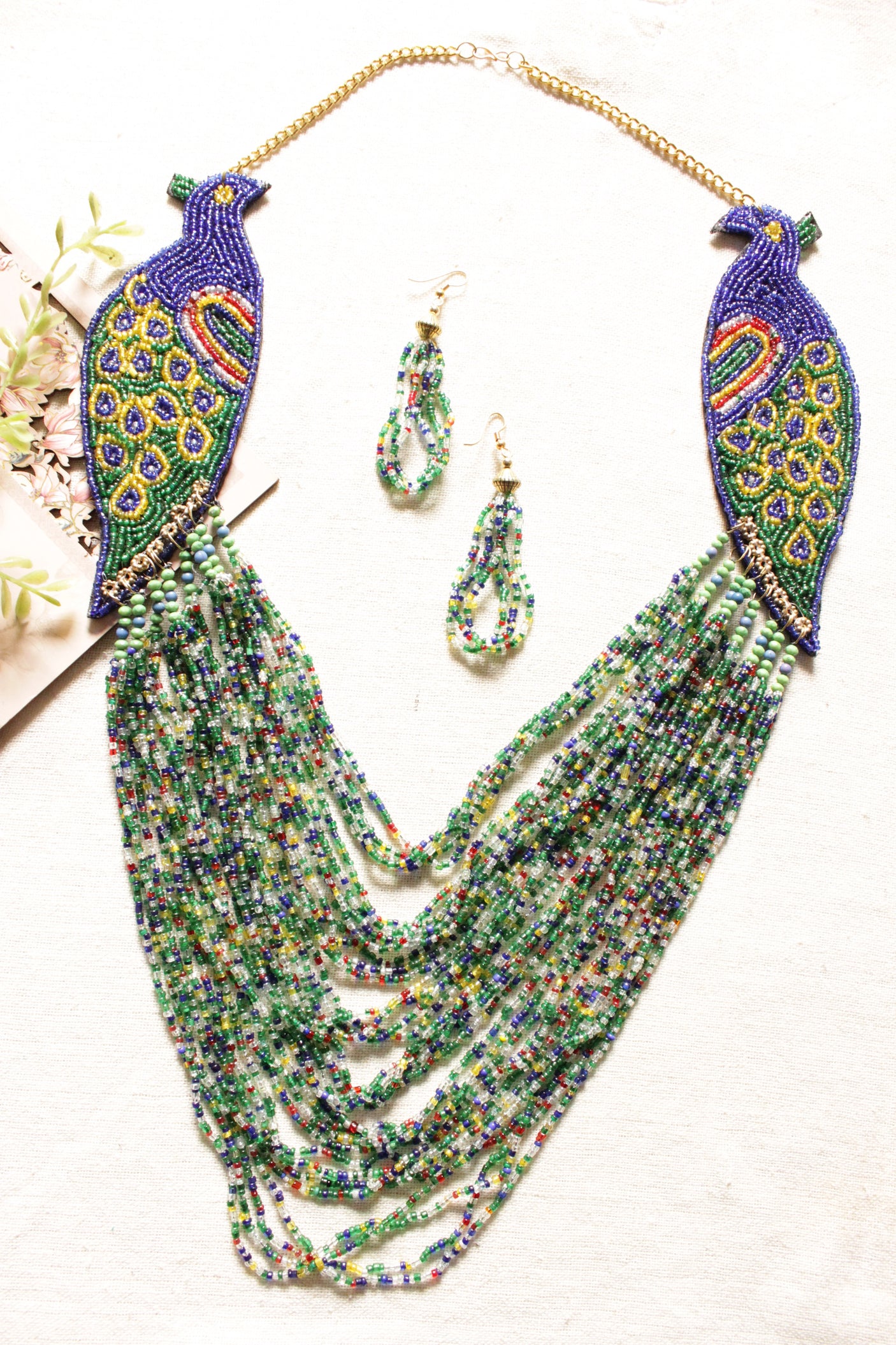 Vibrant Peacock Colors Beaded Multi-Layer Chain Closure Necklace Set