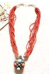 Earthy Orange Beads Multi-Layer Hand Braided Necklace with Tribal Pendant