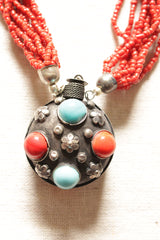 Earthy Orange Beads Multi-Layer Hand Braided Necklace with Tribal Pendant