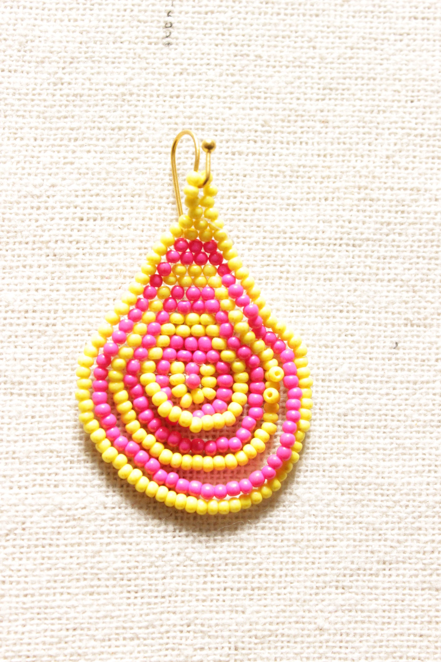 Vibrant Yellow and Pink Beads Tear Drop Shape Hand Braided Dangler Earrings