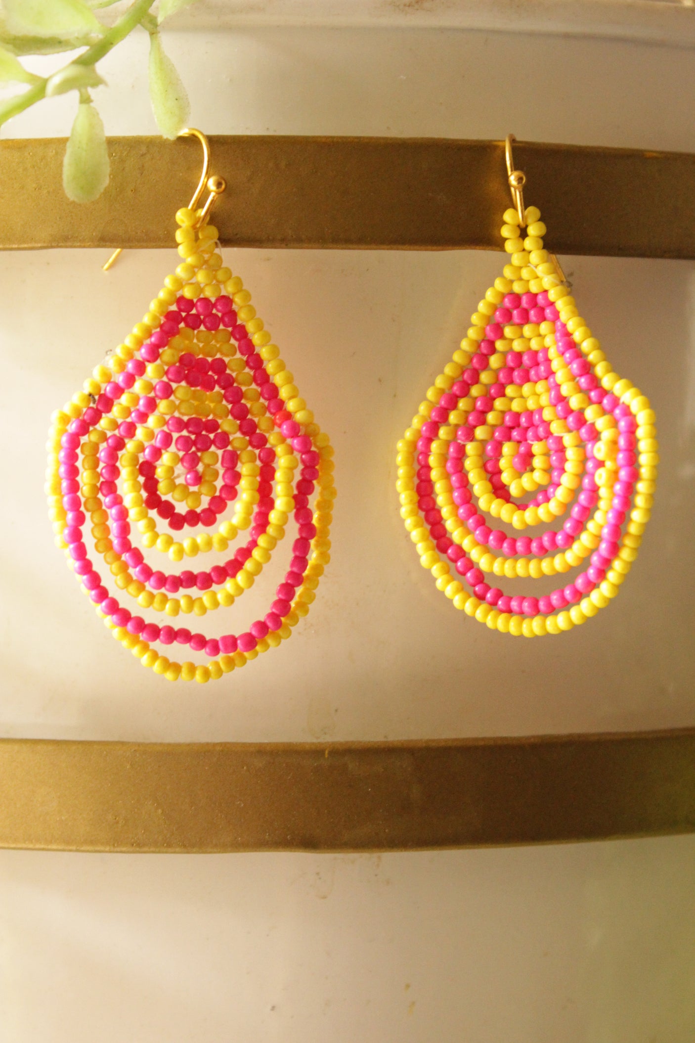 Vibrant Yellow and Pink Beads Tear Drop Shape Hand Braided Dangler Earrings