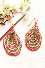 Vibrant Red and Green Beads Tear Drop Shape Hand Braided Dangler Earrings