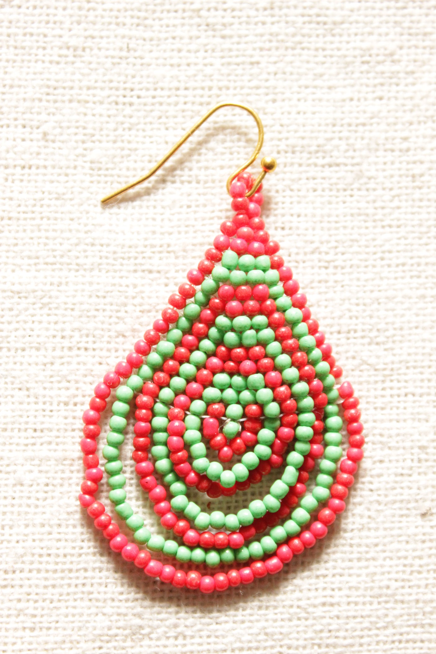 Vibrant Red and Green Beads Tear Drop Shape Hand Braided Dangler Earrings