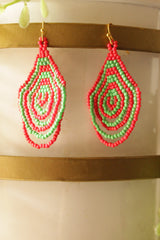 Vibrant Red and Green Beads Tear Drop Shape Hand Braided Dangler Earrings