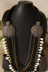 Black and Bronze Beads Multi-Layer Necklace with Shell Detailing