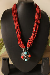 Earthy Orange Beads Multi-Layer Hand Braided Necklace with Tribal Pendant