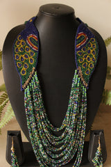 Vibrant Peacock Colors Beaded Multi-Layer Chain Closure Necklace Set