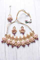 Set of 3 Meenakari Work Pink Stones and Beads Embedded Elaborate Choker Necklace Set