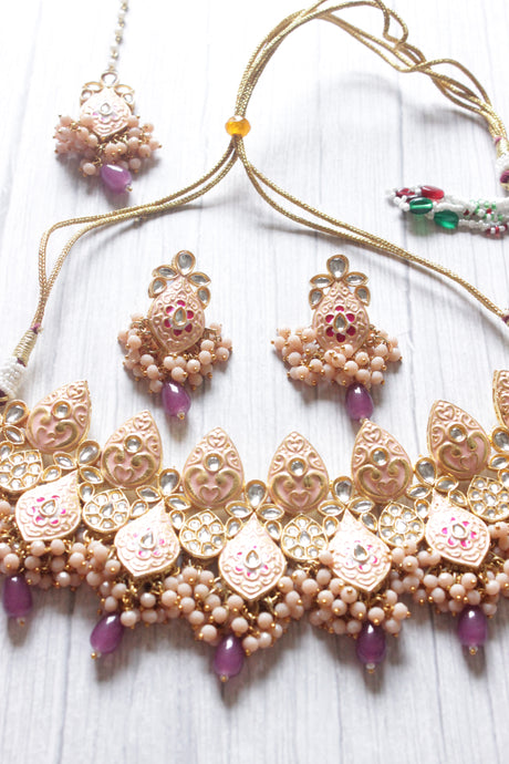 Set of 3 Meenakari Work Pink Stones and Beads Embedded Elaborate Choker Necklace Set
