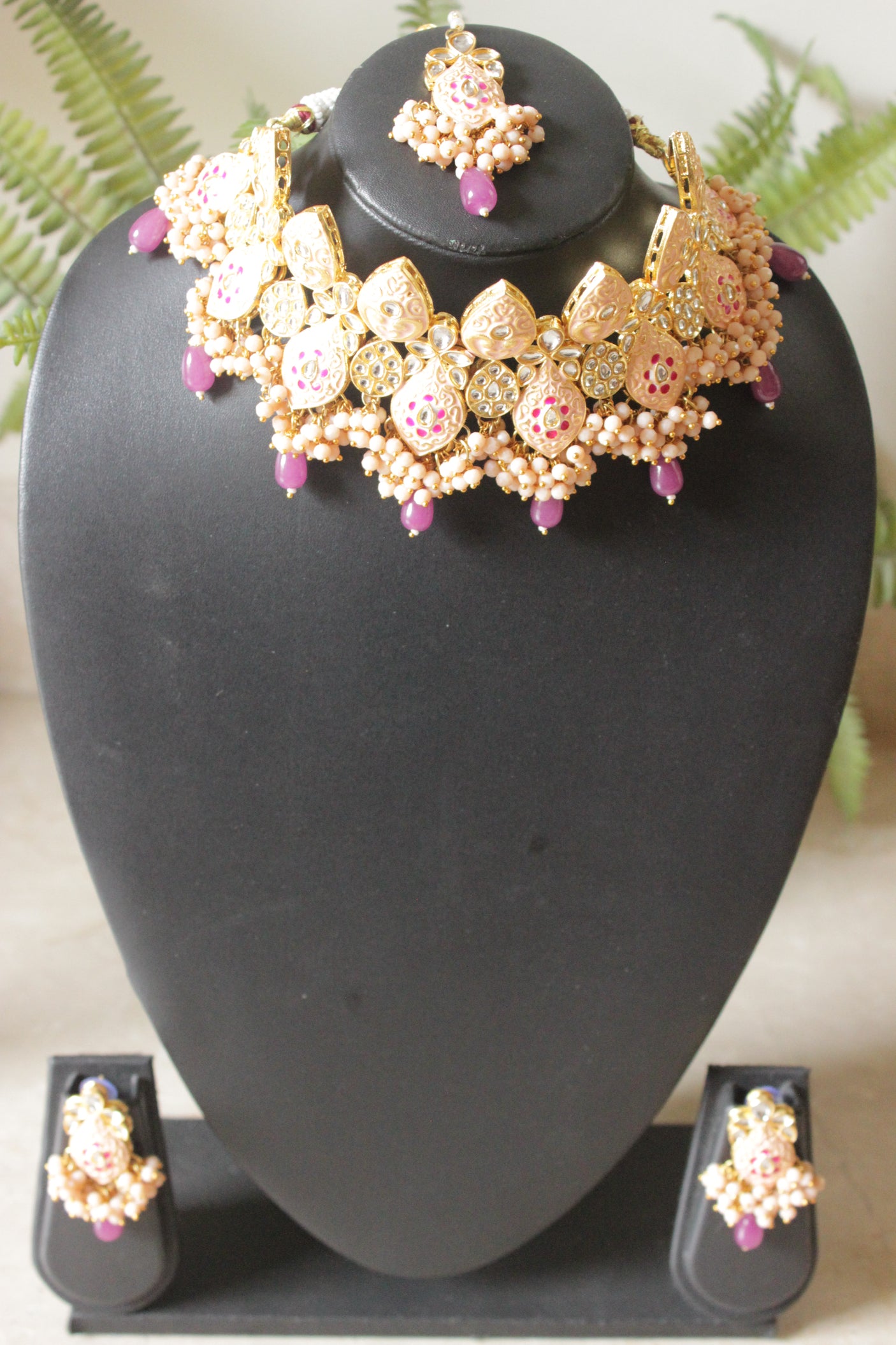 Set of 3 Meenakari Work Pink Stones and Beads Embedded Elaborate Choker Necklace Set