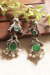 Premium Oxidised Finish Bird Motif Green Stones Embedded Earrings