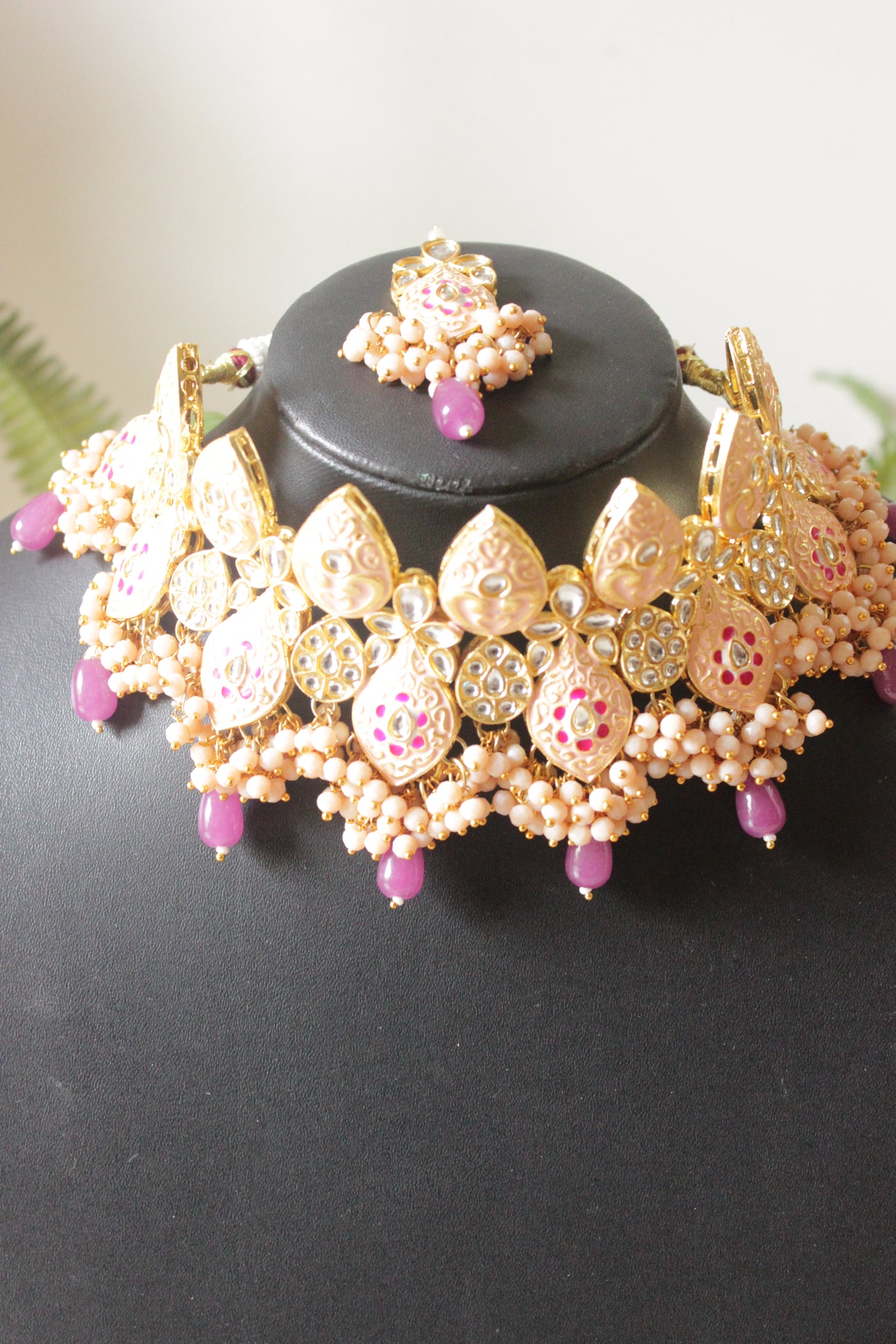 Set of 3 Meenakari Work Pink Stones and Beads Embedded Elaborate Choker Necklace Set