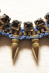 Black Beads and Dull Gold Metal Charms Braided with Blue Rope Necklace
