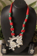 Statement Radha Krishna Motif Braided with Red and Green Glass Beads Necklace Set