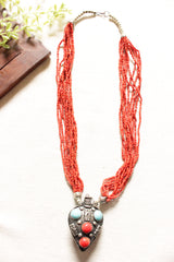 Multi-Layer Orange Hand Beaded Necklace with Oxidised Metal Tribal Pendant