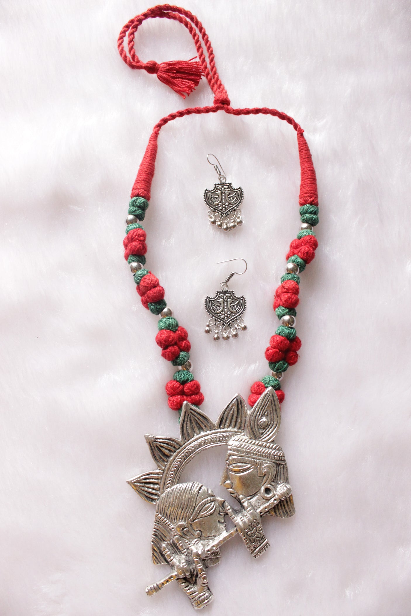 Statement Radha Krishna Motif Braided with Red and Green Glass Beads Necklace Set