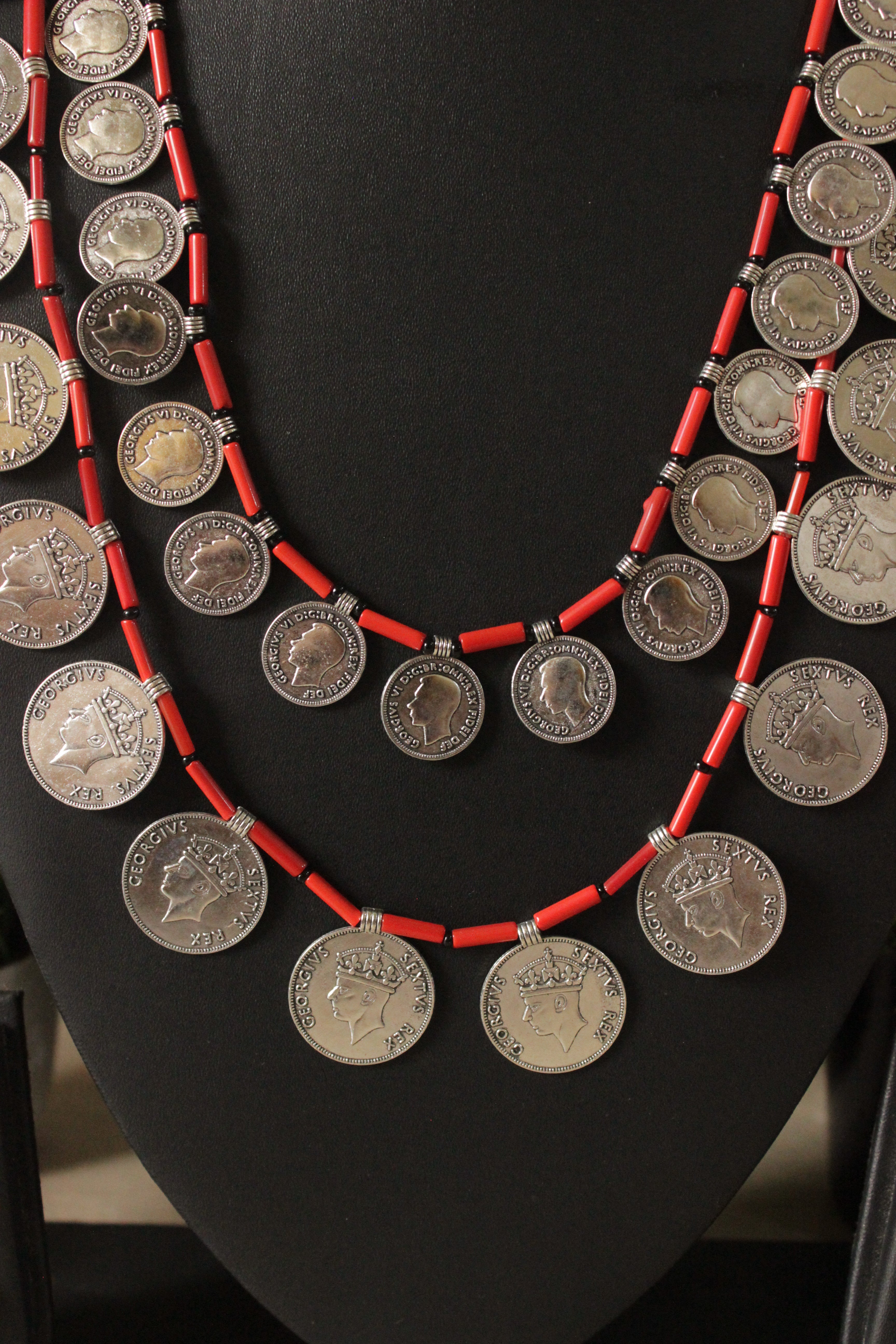 2 Layer Red Beads and Vintage Stamped Metal Coins Braided Necklace