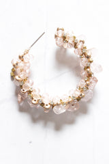 Ivory Glass Beads and Matt Gold Finish Metal Accents Hoop Earrings