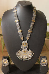 Dual Tone Long Metal Necklace Set with Kundan Accents