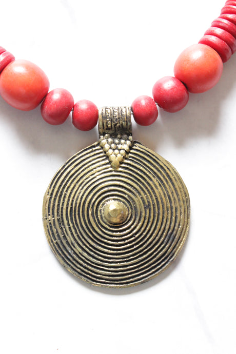 Bronze Finish Circular Pendant and Red Wooden Beads Necklace