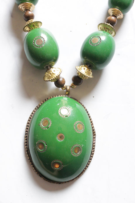 Green Wooden Beads Detailed with Gold Metal Accents Handmade Necklace Set