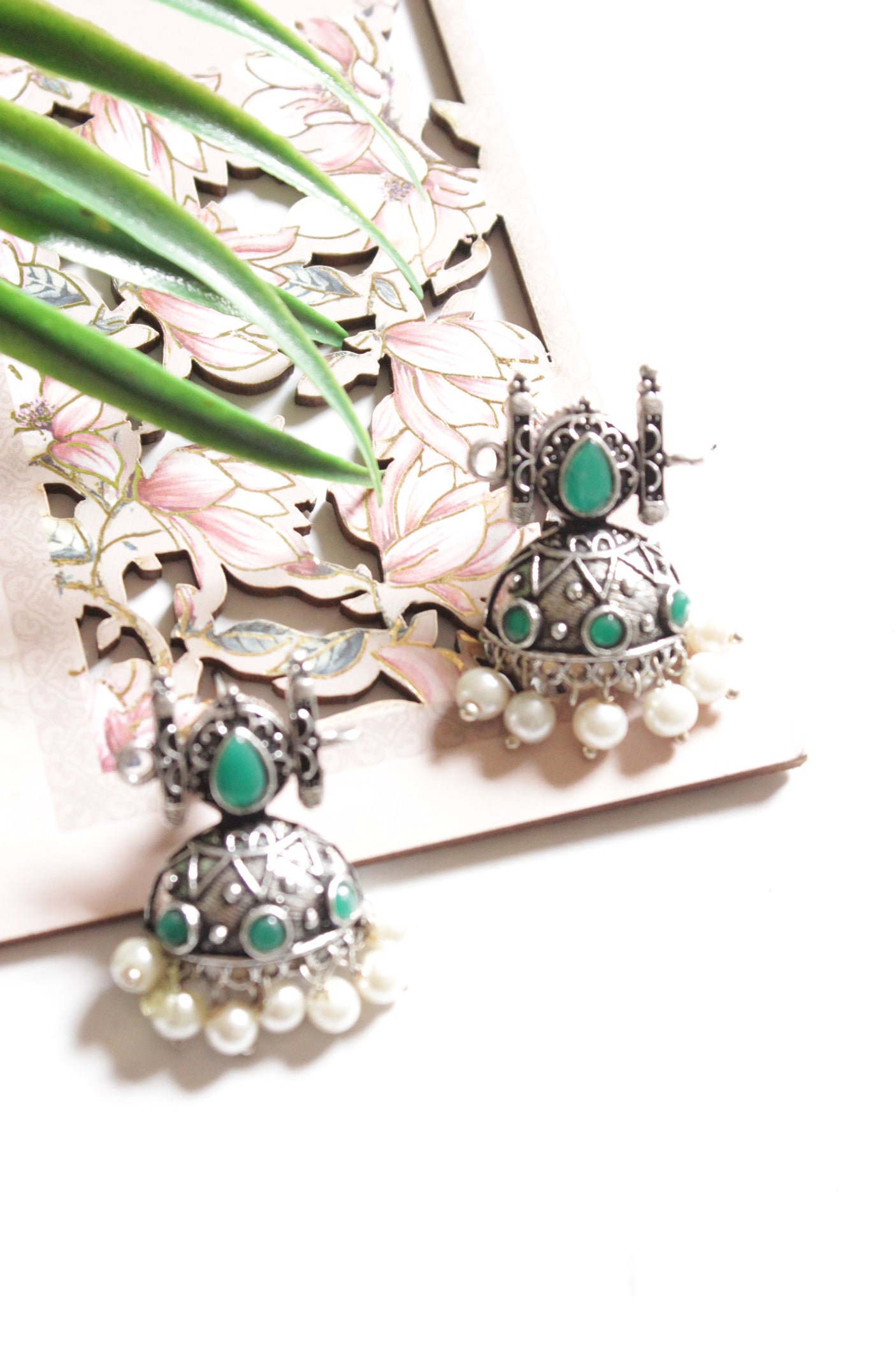 Oxidised Finish Choker Necklace Set Embedded with Green Stones and Jhumka Earrings