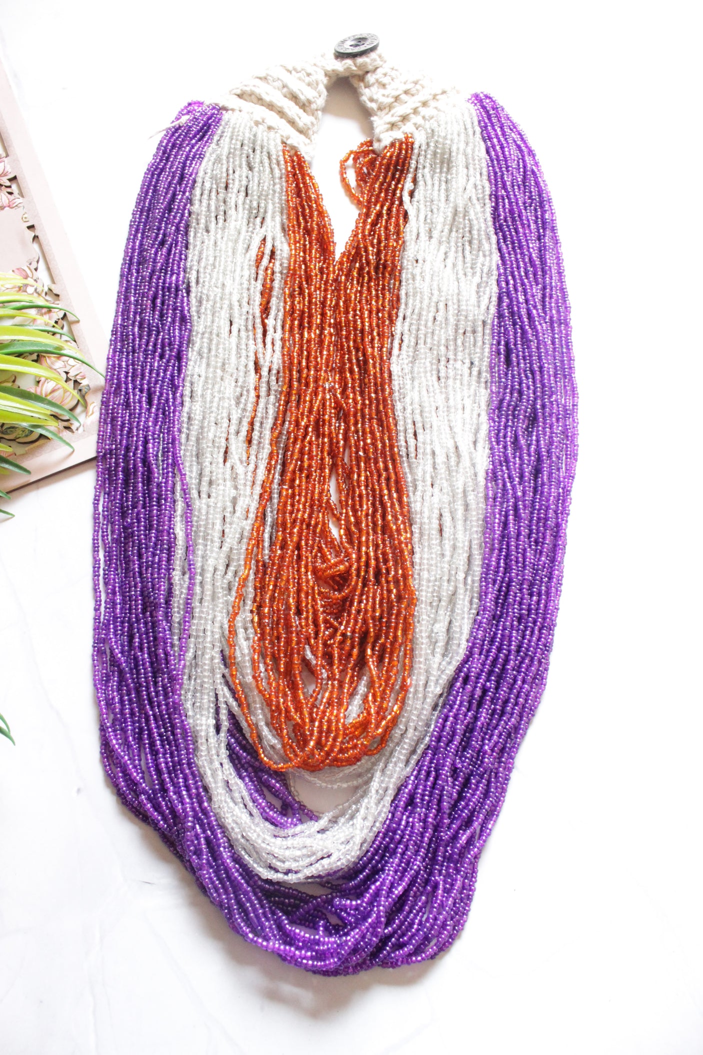 Purple Orange and White Multi-Layer Hand Braided Necklace with Button Closure