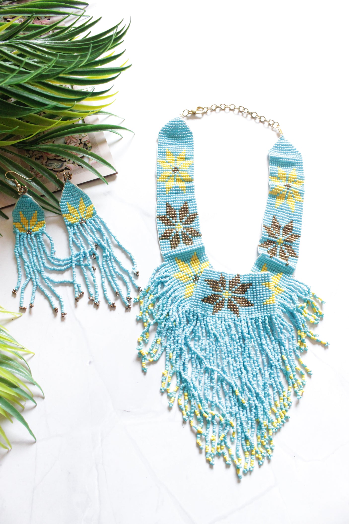 Sea Blue and Yellow Hand Braided Beads Collar Necklace