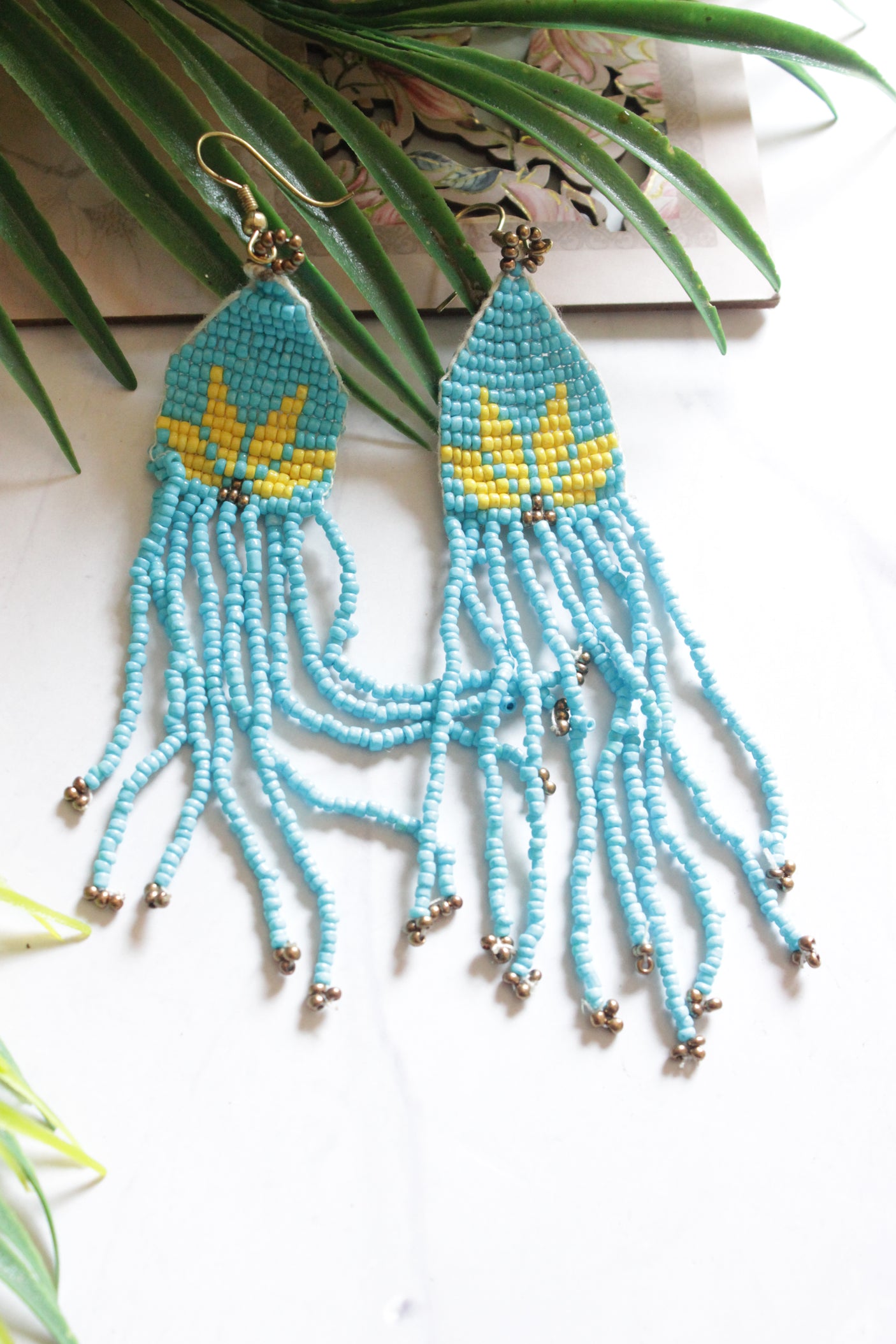Sea Blue and Yellow Hand Braided Beads Collar Necklace