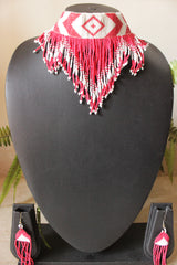 Red and White Hand Braided Beads Collar Necklace