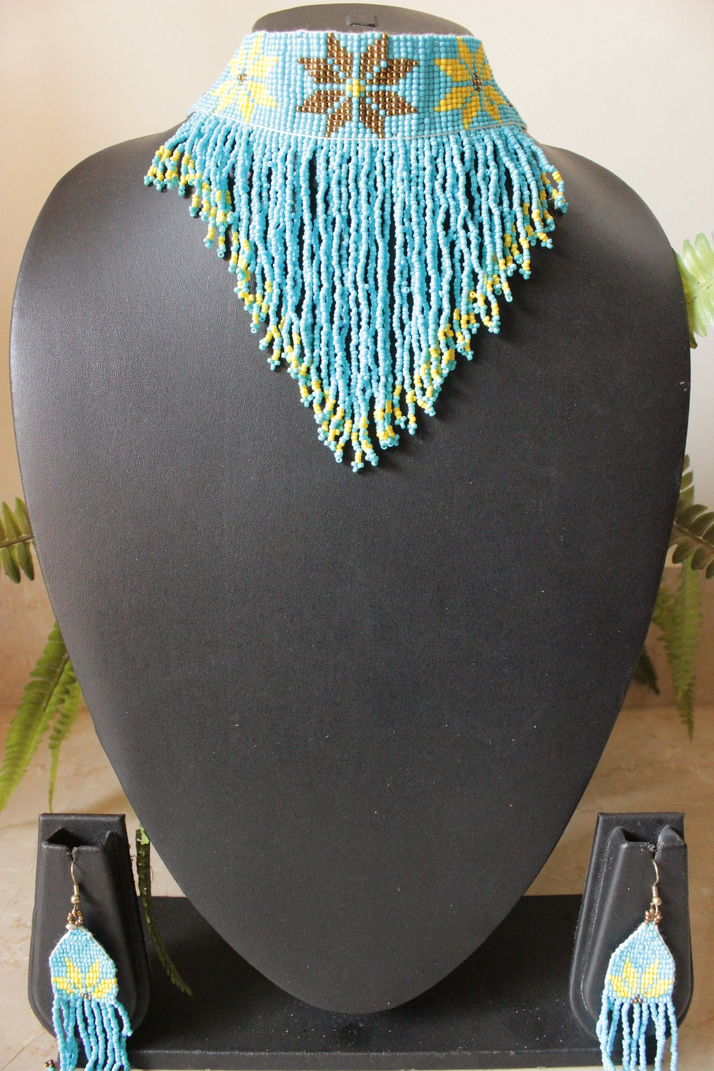 Sea Blue and Yellow Hand Braided Beads Collar Necklace