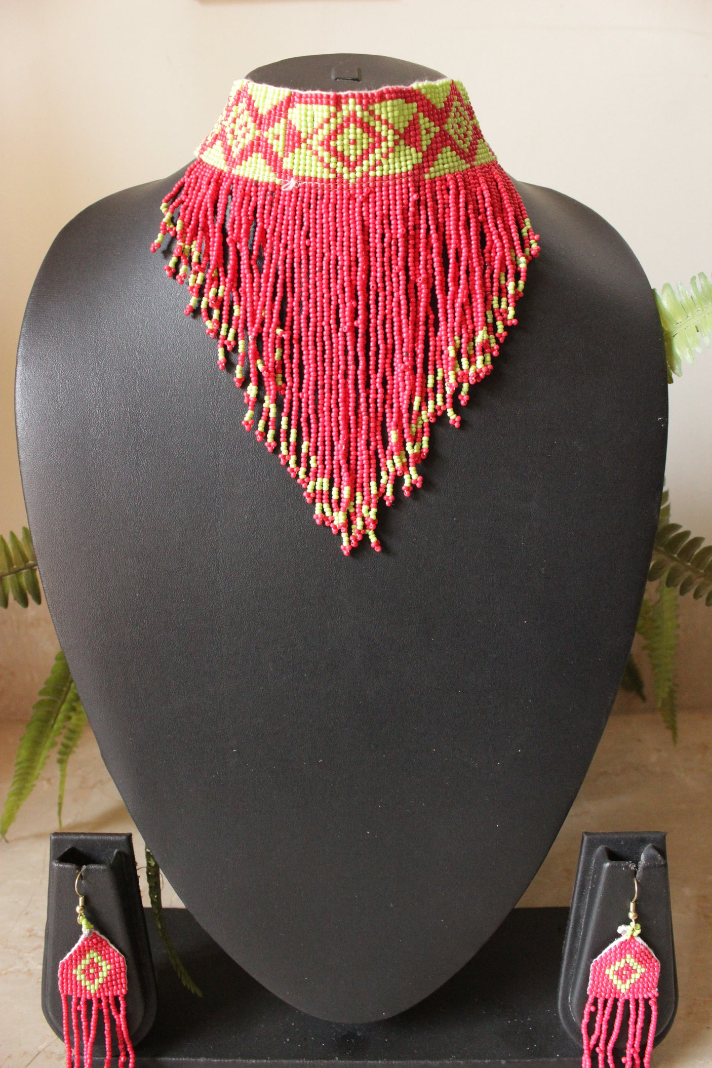 Red and Lime Green Hand Braided Beads Collar Necklace