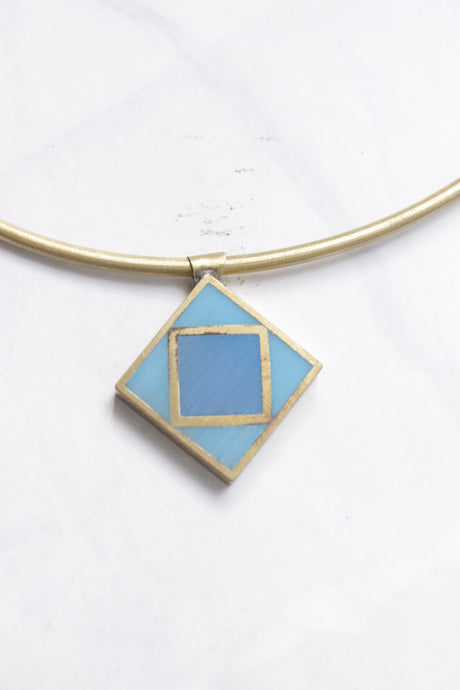 Gold Finish Metal Hasli with a Petite Wooden Blue Hand Painted Pendant