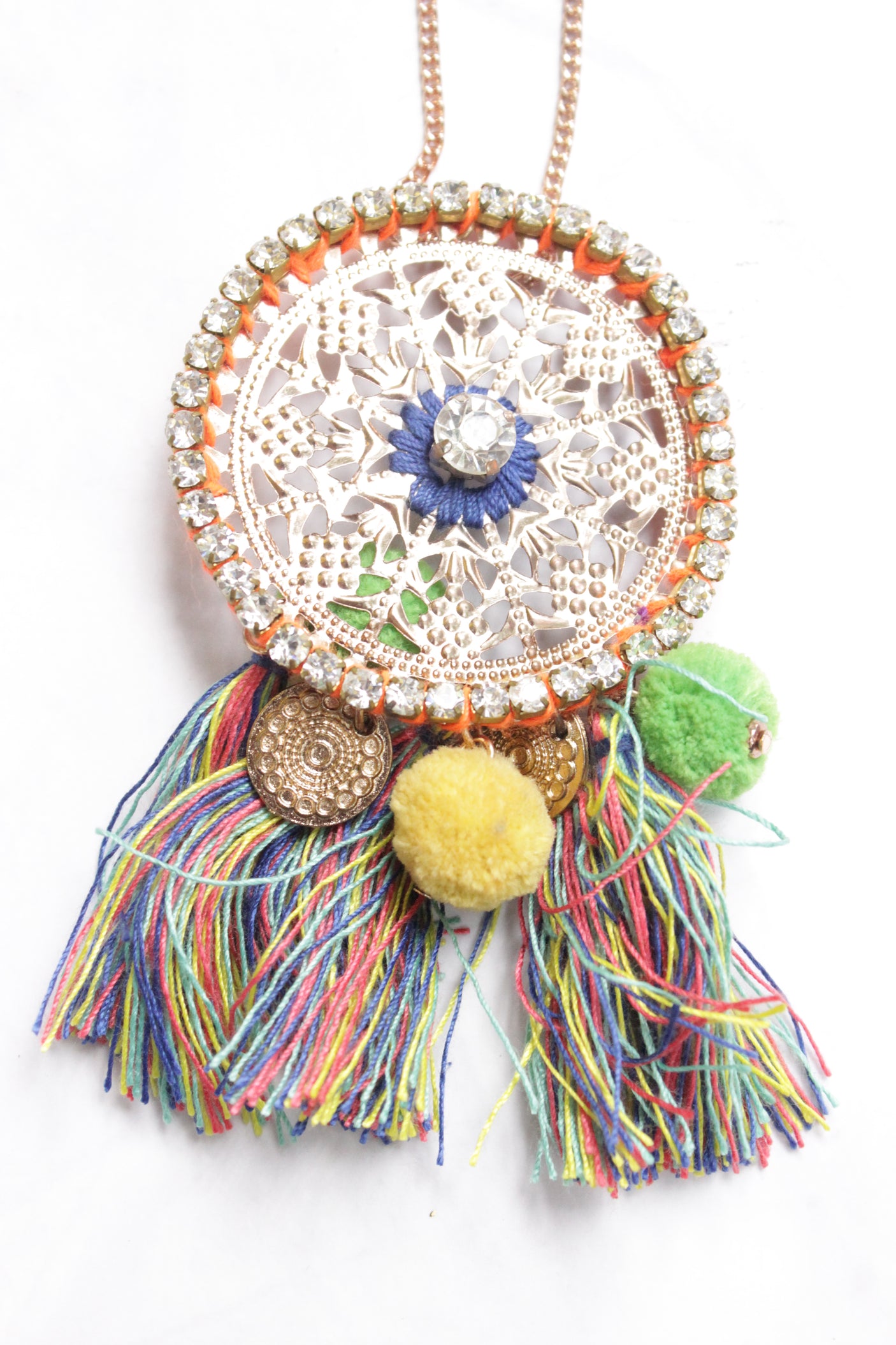 Metal Circular Pendant Embellished with Pom Pom Strings Chain Necklace