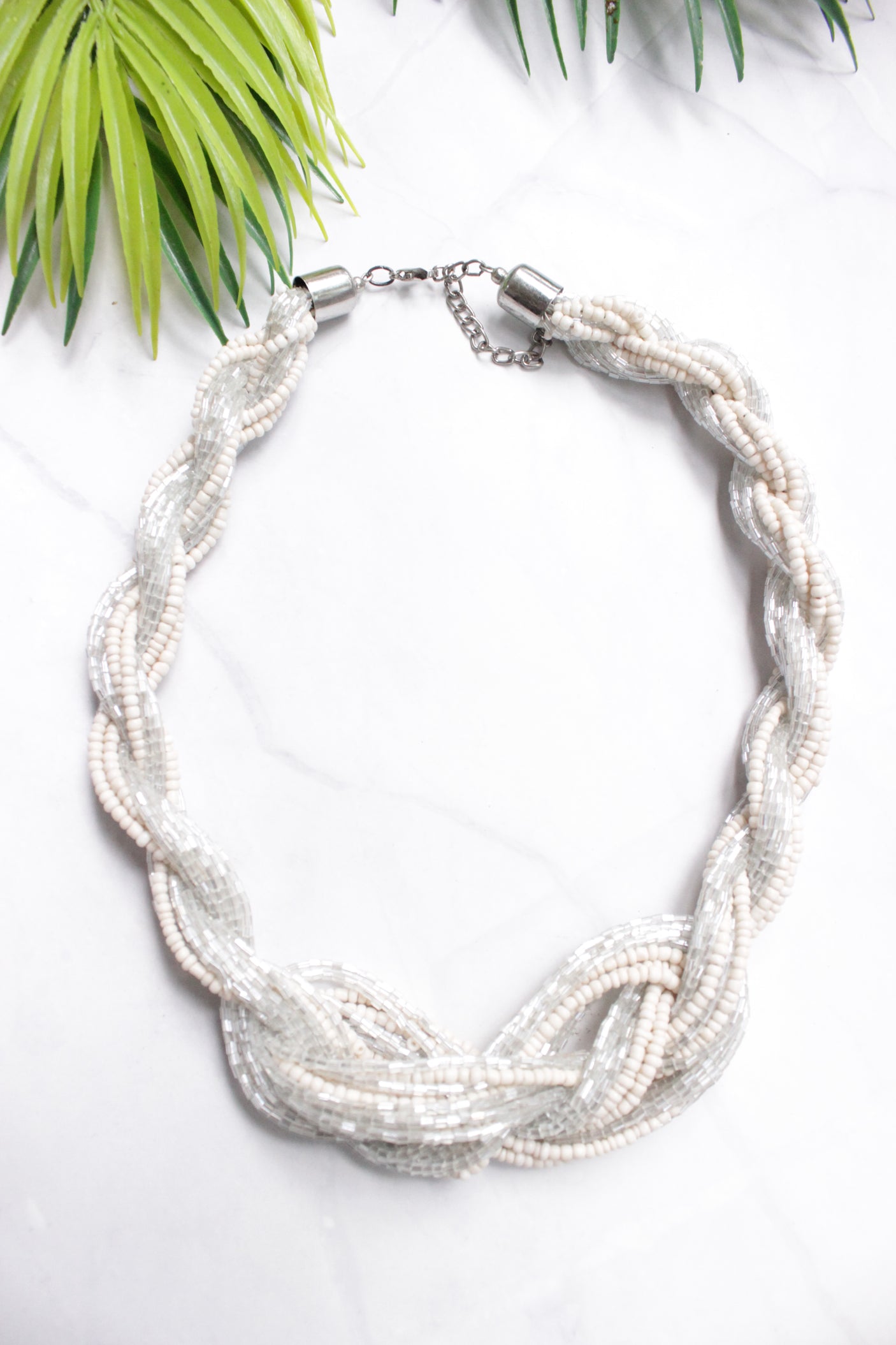Ivory Acrylic Beads and Glass Beads Twisted Handmade Necklace