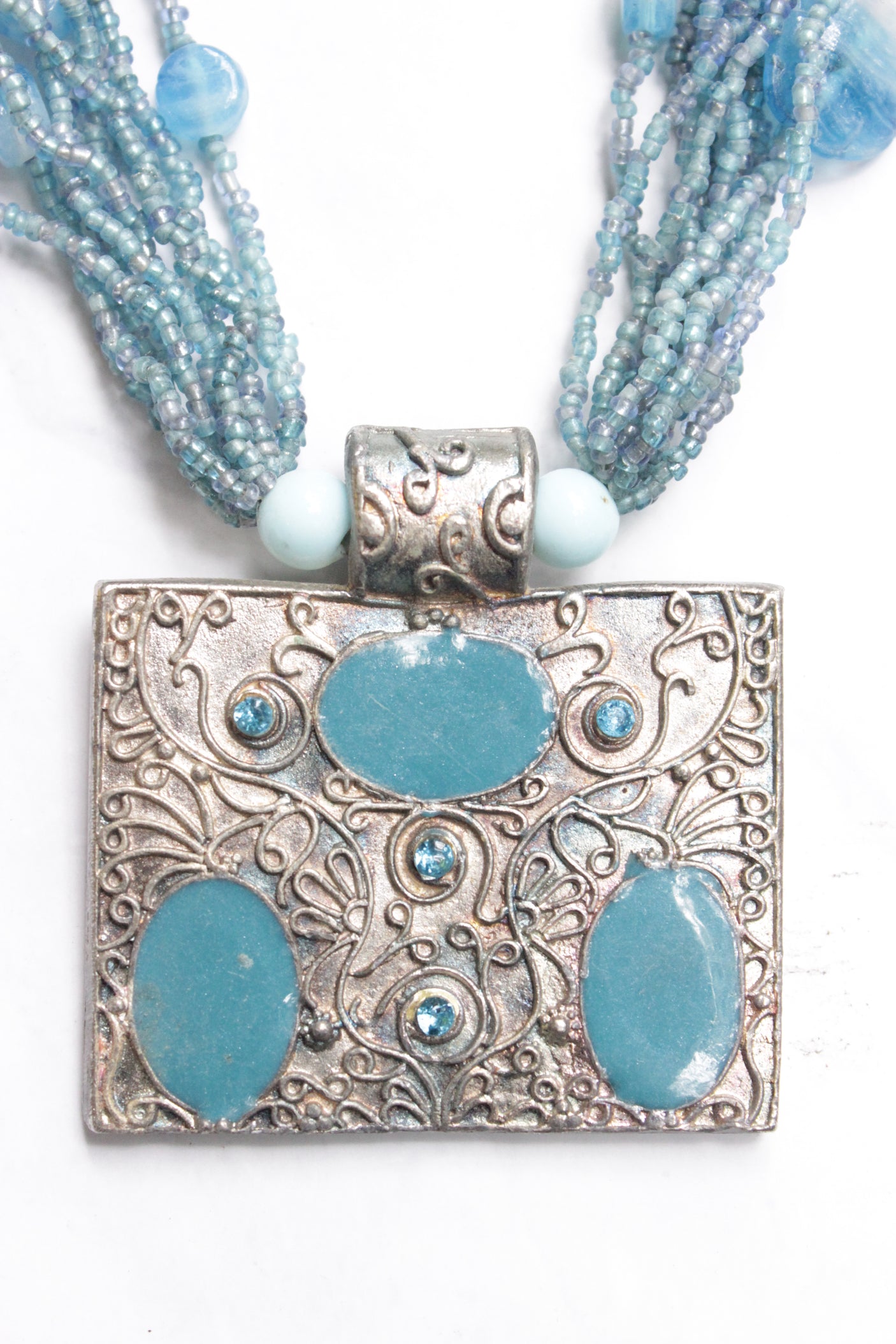 Blue Glass Beads Necklace with Statement Oxidised Finish Pendant