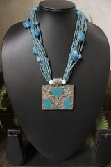 Blue Glass Beads Necklace with Statement Oxidised Finish Pendant