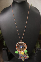 Metal Circular Pendant Embellished with Pom Pom Strings Chain Necklace