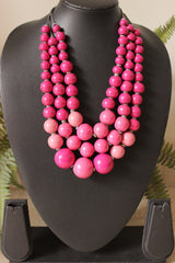 Pink Wooden Beads 3 Layer Chain Closure Necklace