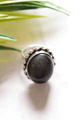 Black Glass Stone Embedded Oxidised Finish Adjustable Ring