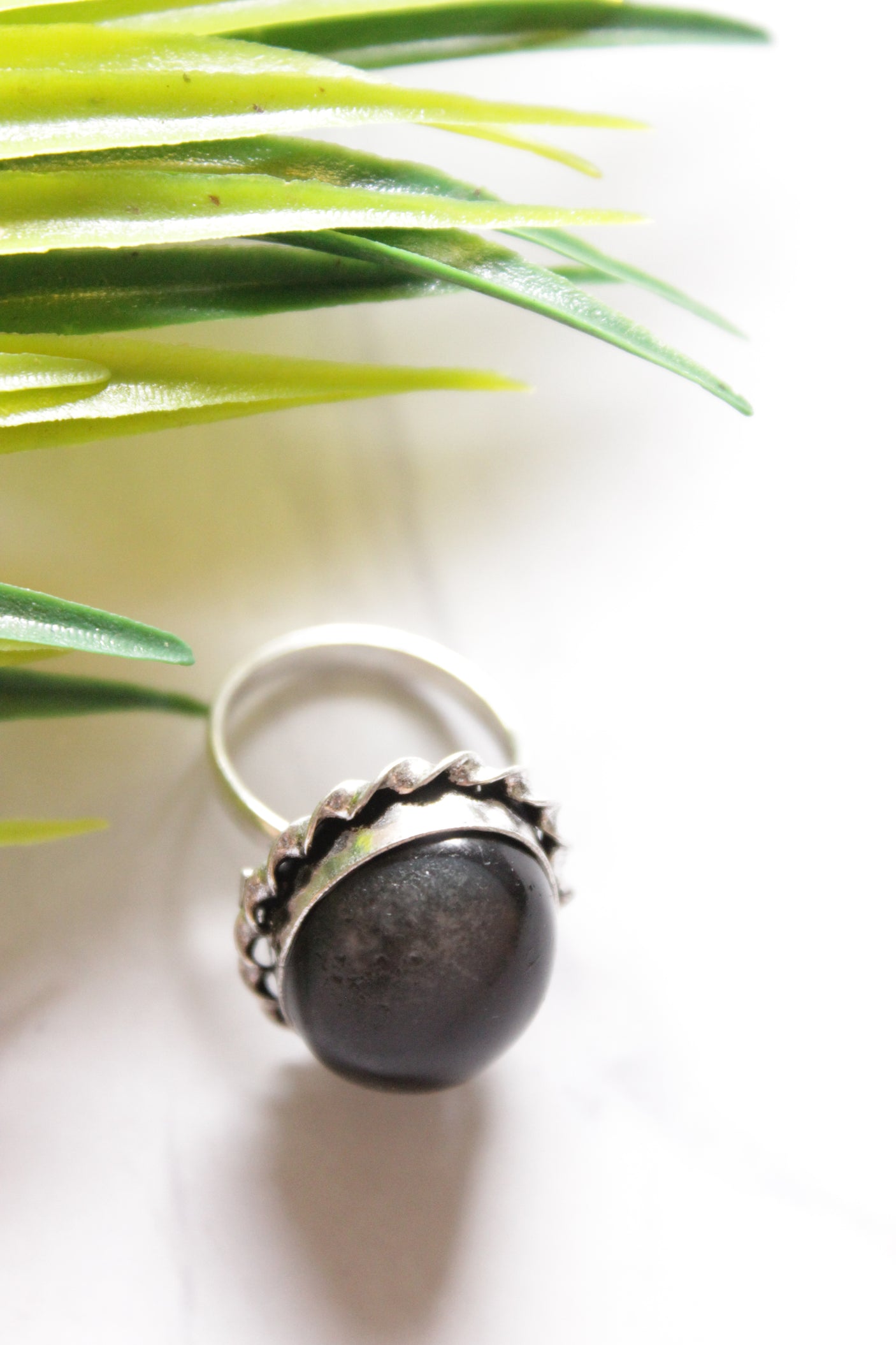 Black Glass Stone Embedded Oxidised Finish Adjustable Ring